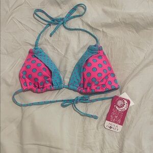 NWT Hula Honey Polka Dot Bikini Top Pink Teal Halter Swim Tropical Beach